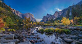 Fine art landscape photography by Jess R. Lee of Valley View Yosemite with El Capitan, Cathedral Rocks, and autumn reflections in the Merced River.
