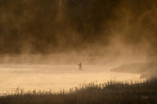 Lone fly fisher silhouetted in golden geothermal mist on the Madison River, Yellowstone, at dawn — fine art print by Jess Lee