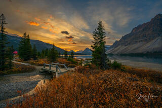 Beautiful picture of Sunrise at Bow Lake in the Canadian Rockies for sale as a fine art photography print.