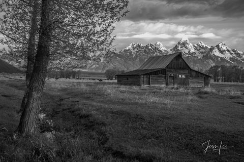 Grand Teton National Park Photography Print of the Teton Barn in Black and White.
