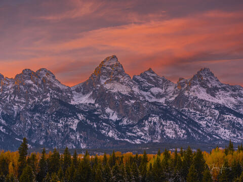 A Large Format Grand Teton Photography Print of Sunset behind the Teton Mountain Range with Autumn Color.
