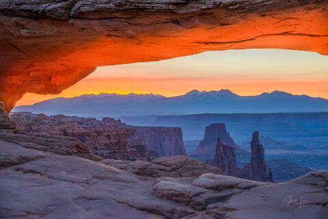 Mesa Arch Photo - Sunrise With Washer Woman and La Sal Mountains