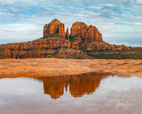 Reflection of Cathedral Rock, a sandstone butte on the Sedona skyline in Arizona.