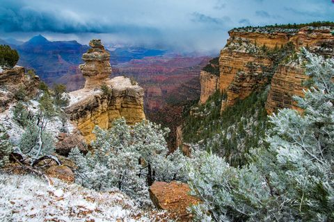 Arizona's Grand Canyon covered in a thin layer of snow. 