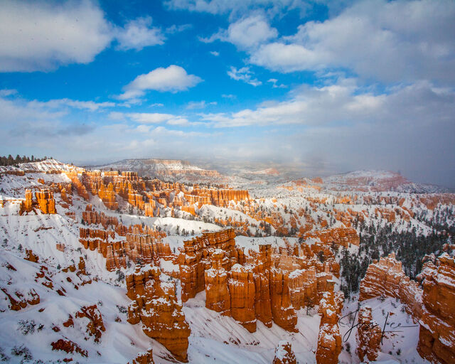 Red Rocks Courtyard in Bryce Canyon illuminated by a blanket of fresh snow. 