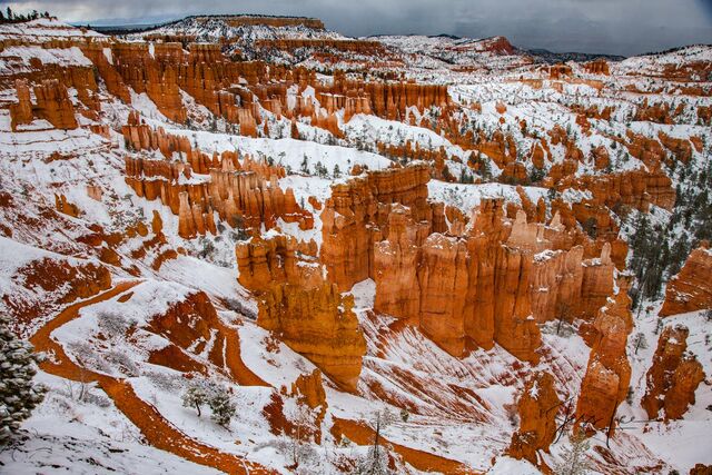 A trail winding through snow-covered Bryce Canyon National Park. 