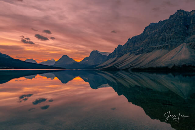 Beautiful picture of Calm Morning at Bow Lake in the Canadian Rockies for sale as a fine art photography print.