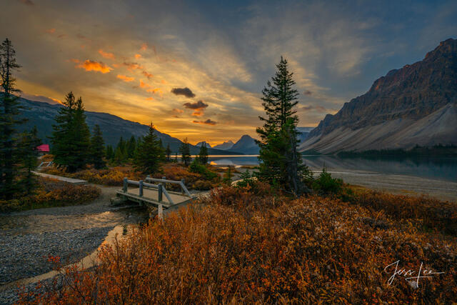 Beautiful picture of Sunrise at Bow Lake in the Canadian Rockies for sale as a fine art photography print.