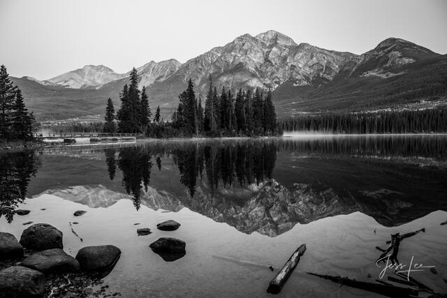 Beautiful picture of Pyramid Lakeshore in the Canadian Rockies for sale as a fine art photography print.
