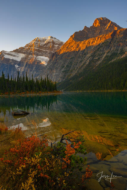 Beautiful picture of Cavell Lake - Mt Edith Autumn Sunrise in the Canadian Rockies for sale as a fine art photography print.