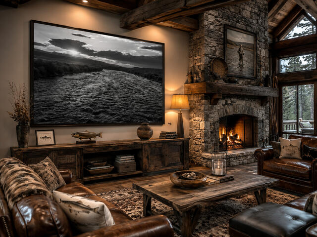 Black and white Madison River fine art print at Three Dollar Bridge above a console in a lodge living room, by Jess Lee