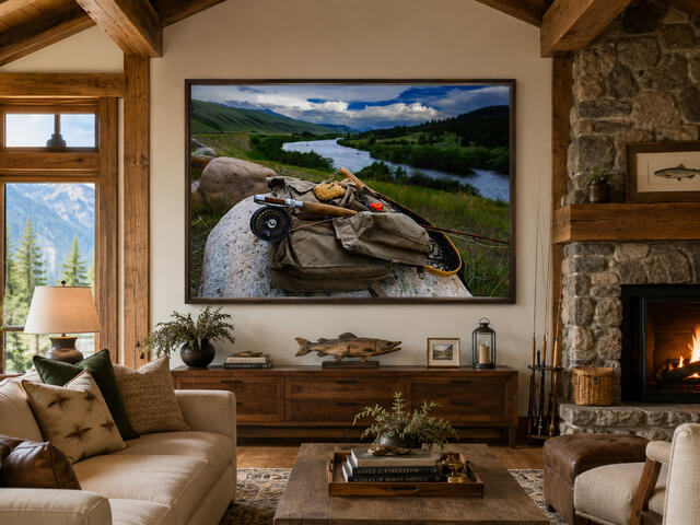 Fine art print of fly fishing gear on a boulder above the Madison River valley, above a console in a mountain great room, by Jess Lee