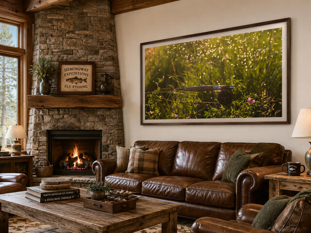 Fine art print of a bamboo fly rod and caddis swarm in streamside grass at dusk, above a sofa in a fly fishing den, by Jess Lee
