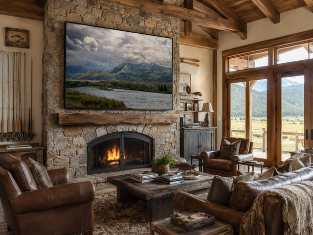 Framed fine art mountain river landscape print displayed above a stone fireplace in a luxury Western great room with leather furniture & timber beams, Jess Lee