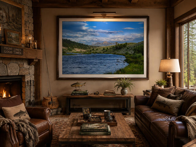Framed fine art print of the Madison River bending toward a distant peak, displayed above the mantel in a fly-fishing-themed Western den.