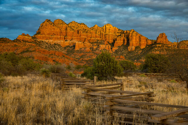 Beautiful Fine Art Photography Print of Sedona rail fence with Red Rock Butte.