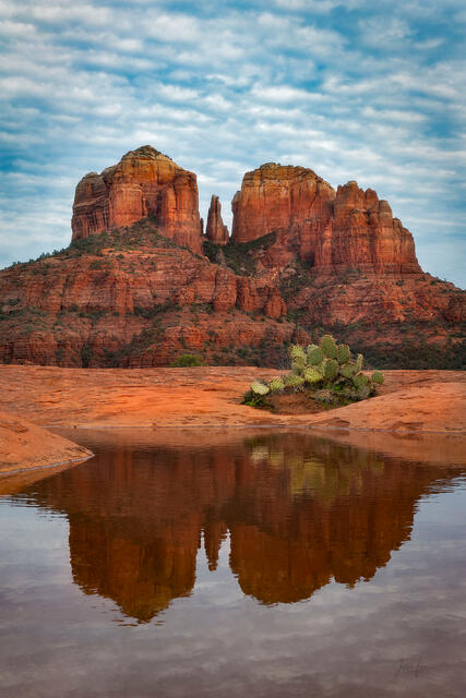 Fine Art Luxury Photography print of Cathedral Rock, reflecting in a small desert pond.