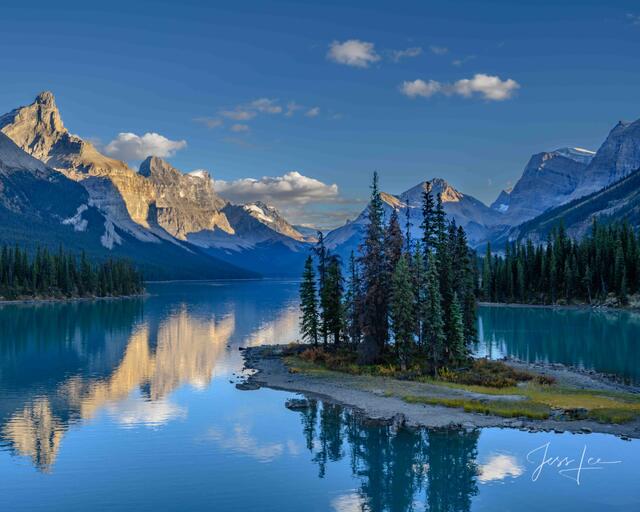 A beautiful picture of the Last Light at Spirit Lake in the Canadian Rockies is for sale as a fine art photography print.