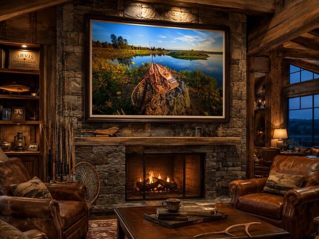 Henry's Fork Railroad Ranch fly fishing fine art print above a stone fireplace in a lodge den, by Jess Lee