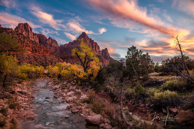 Autumn Evening over the Virgin River at Zion﻿ ﻿in the the American Southwest.
