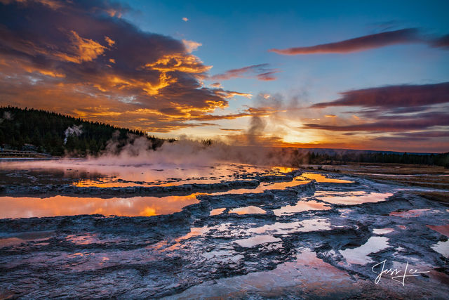 Yellowstone National Park Photography Print of Great Fountain Geyser at sunset.