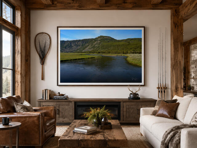 Madison River fly fishing fine art print at Seven Mile Bridge, Yellowstone, above a console in a Western living room, by Jess Lee