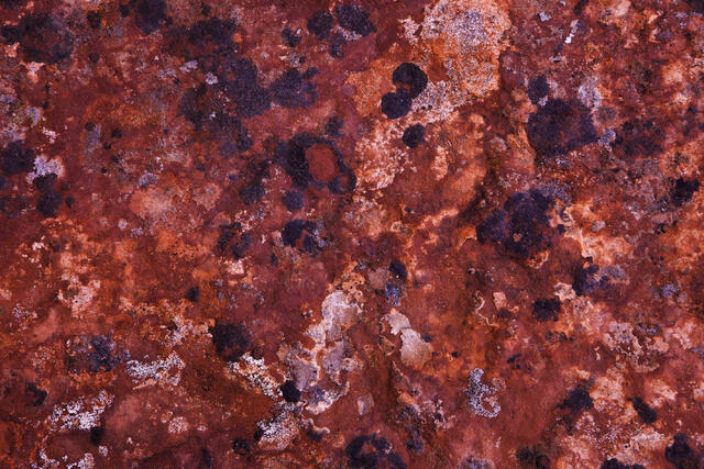 Abstract macro photo print of textured red and orange sandstone with dark mineral deposits and complex geologic patterns.