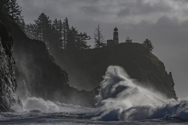 ocean photography print of big poller wave and lighthouse