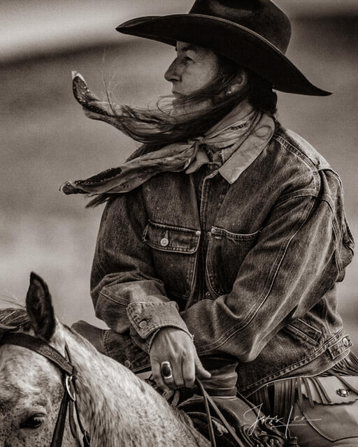 Cowgirl in the  Breeze with blowing hair.