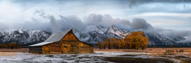 Phot of Mormon Row Barn and Teton Range with a Autumn Snow Storm Photography  Print