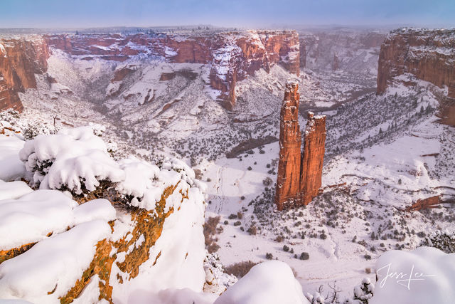 Spider Rock in Arizona covered by a thick layer of fresh snow. 