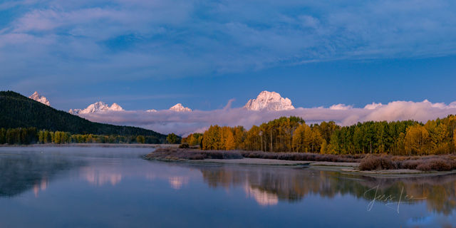 Grand Teton National Park Photograph Print for sale of Oxbow Bend in Autumn with snow capped Mountains.