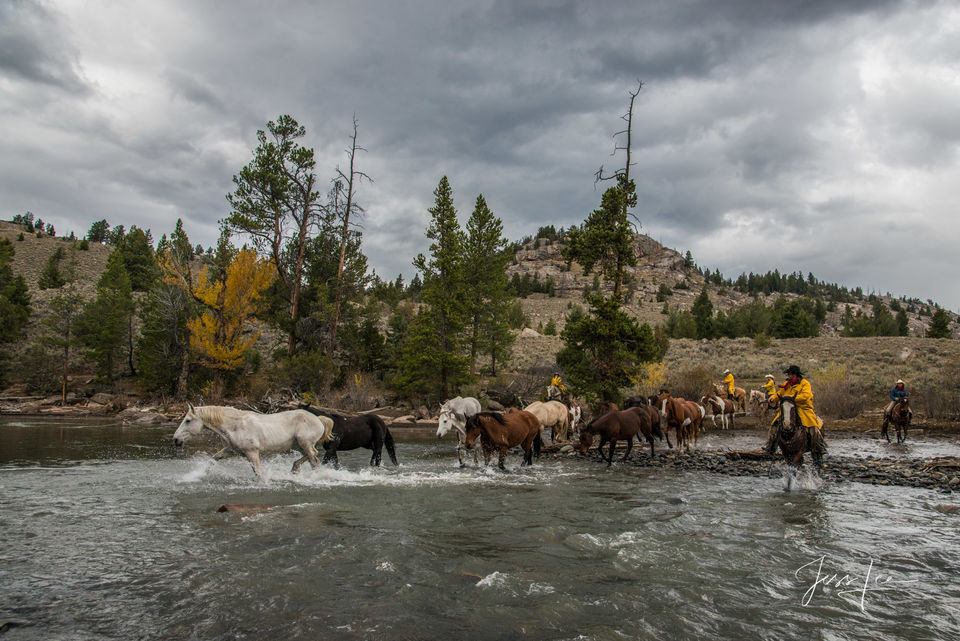 Cowboys pushing the horse herd before the storm print