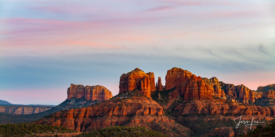 Beautiful Fine Art Photography Print of Sedona's Cathedral Rocks Panorama in evening alpen glow.