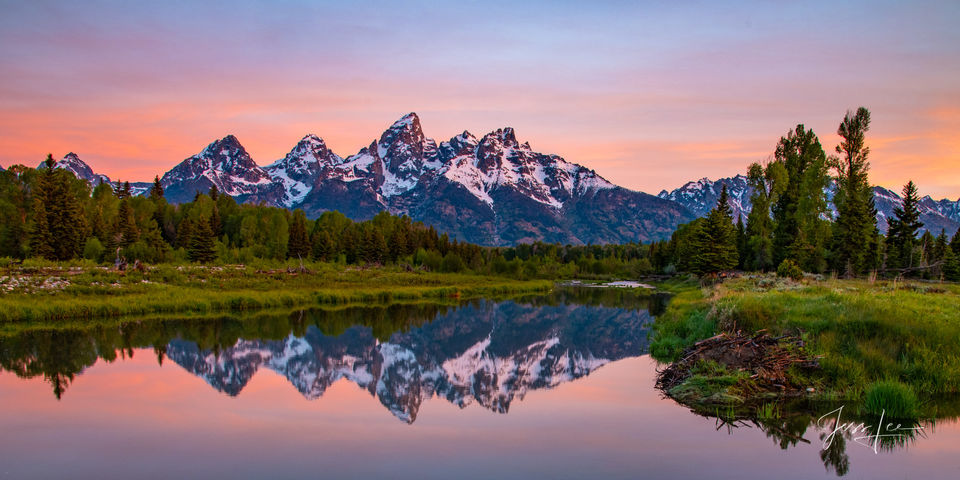 Grand Teton sunrise Photography Print of the Teton Range reflecting in a side channel of the Snake River