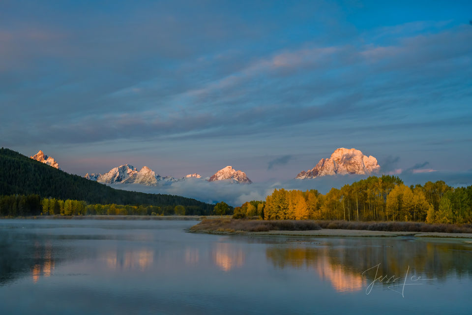 Snow Capped Tetons Reflecting on Oxbow Bend  print