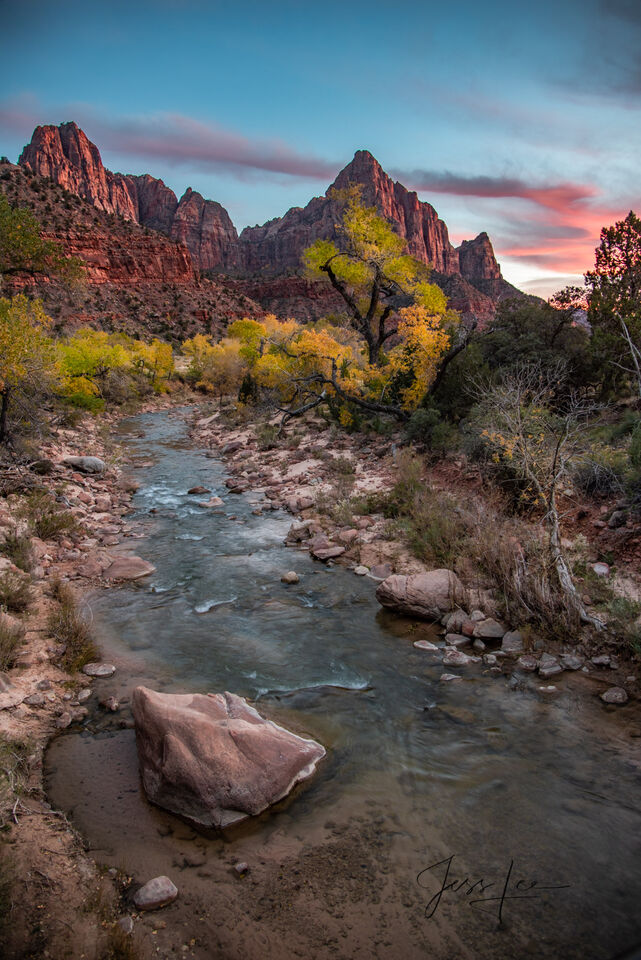 Autumn Evening over the Virgin River vertical at Zion in the the American Southwest print