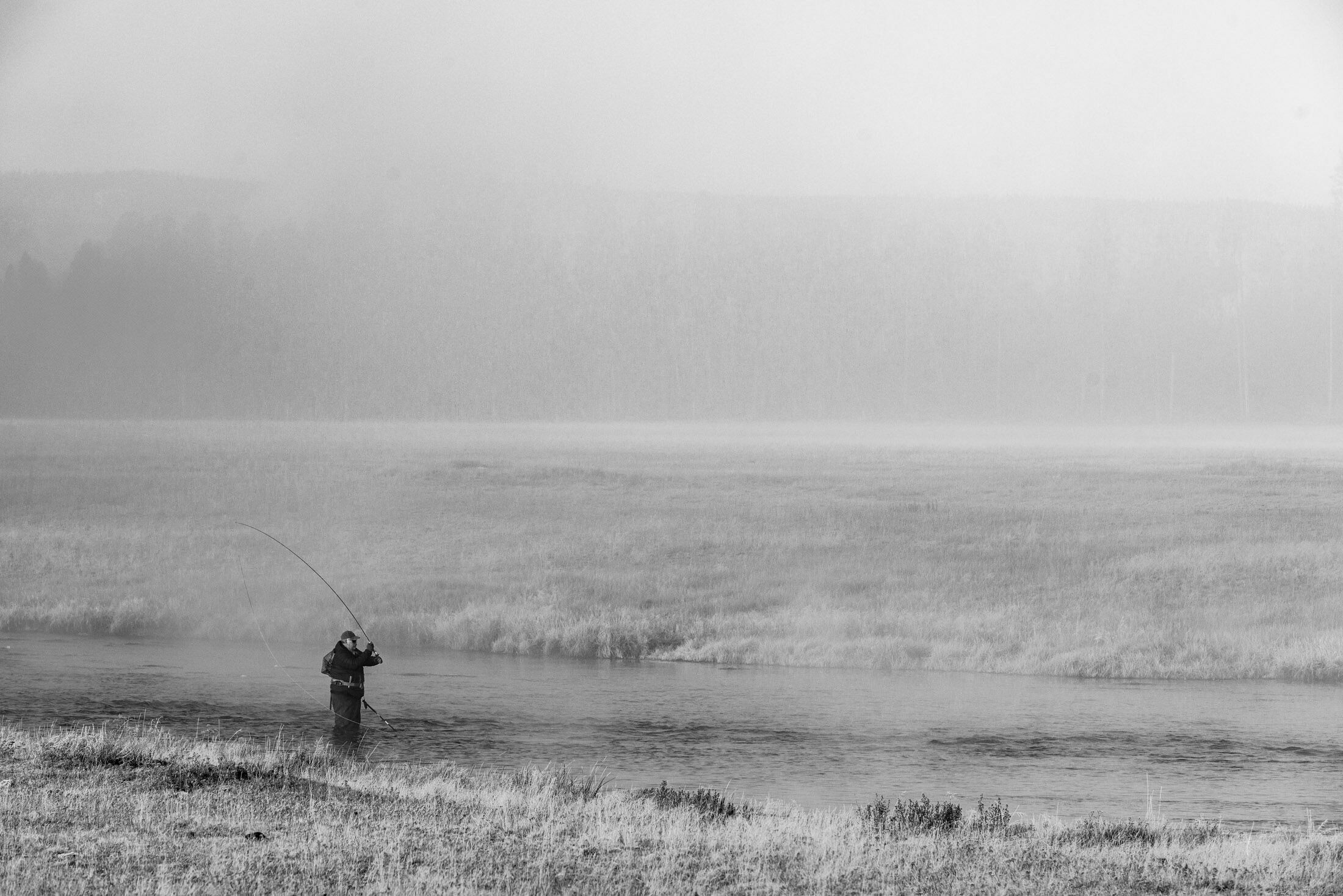 Frosty Firehole — Fly Fishing Yellowstone in Black and White Black and white fly fisher with deeply bent rod on frost-covered Firehole River bank, Yellowstone, mist across meadow — fine art print by Jess Lee