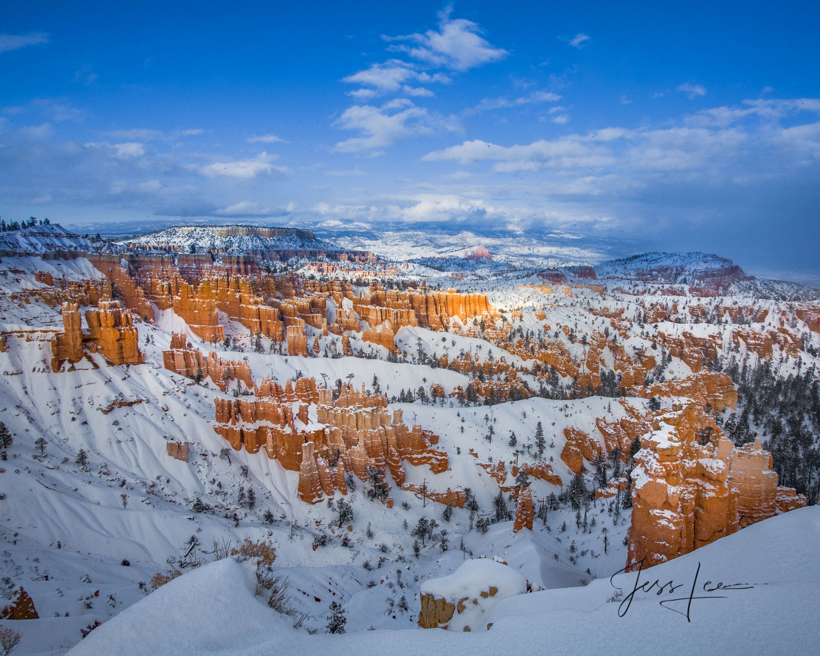A thick blanket of snow covering Bryce Canyon in Utah. 