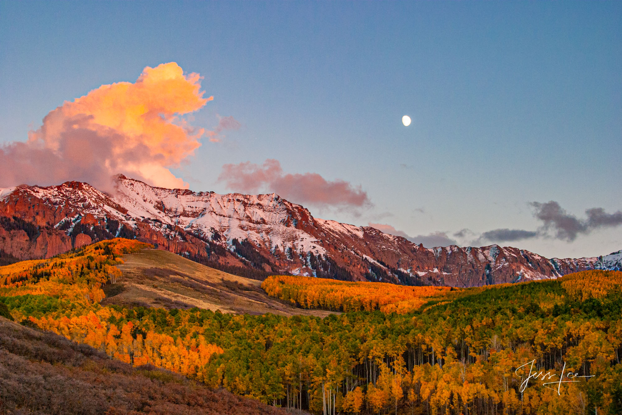 Autumn Moon Fall Colorado Aspen Color taken at sunset with a moonrise in the San Juan Mountains and offered as a Fine Art Print.