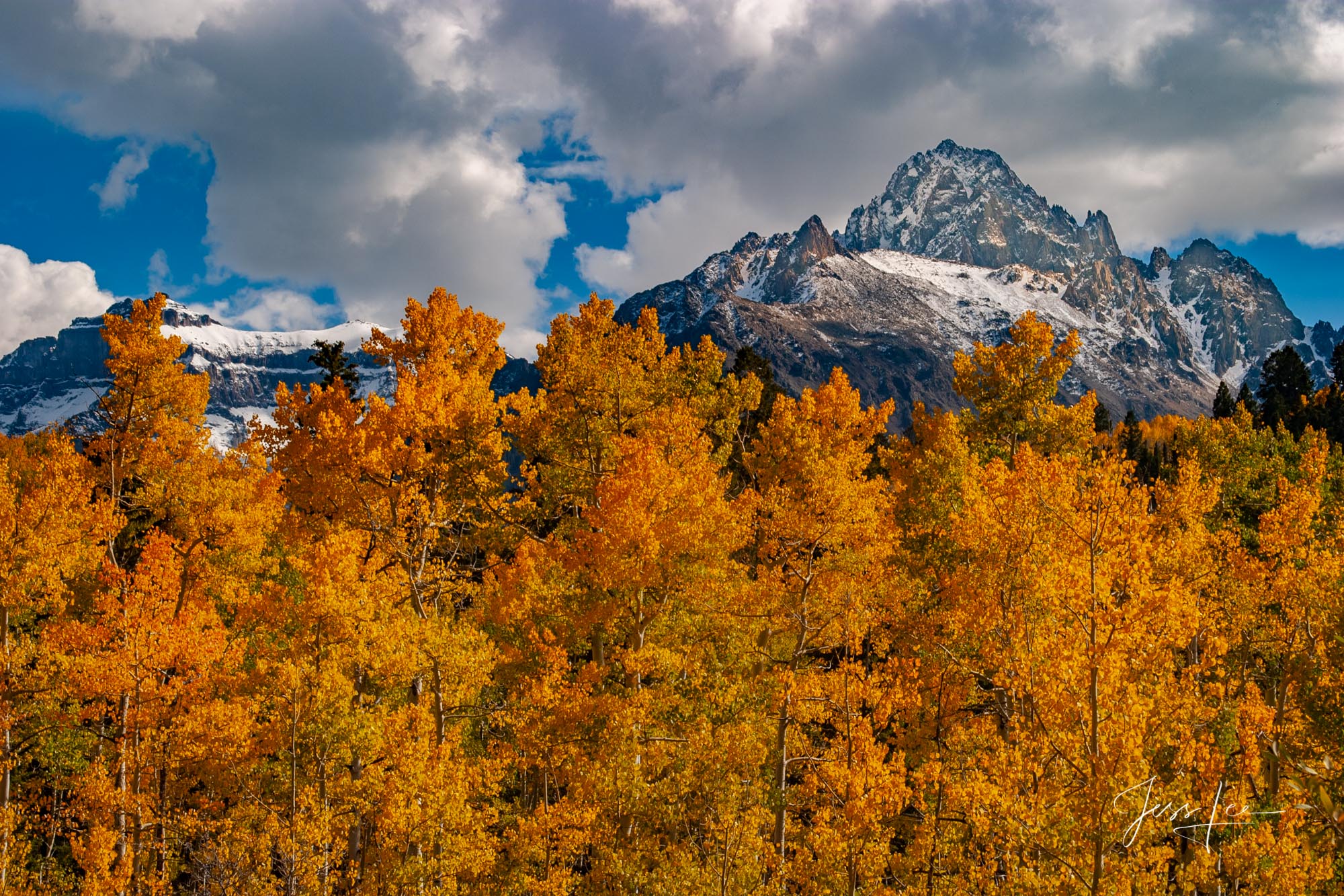 A Colorado Fall Color Print of the San Juan Mountains aspen trees  during the peak of Autumn Color in southeast Colorado. A limited...