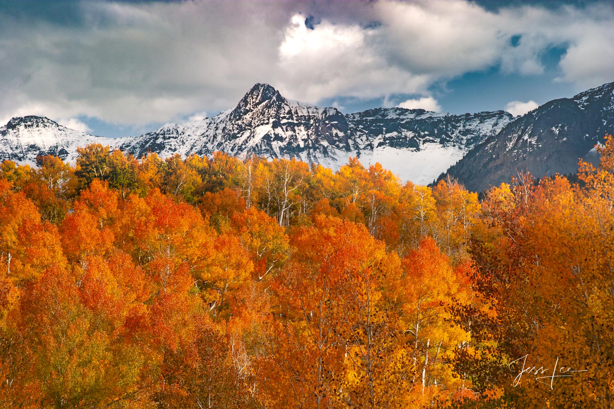 A Colorado Fall Color Print of snow capped mountains at the peak of Autumn Color in southeast Colorado. A limited Edition Fine...