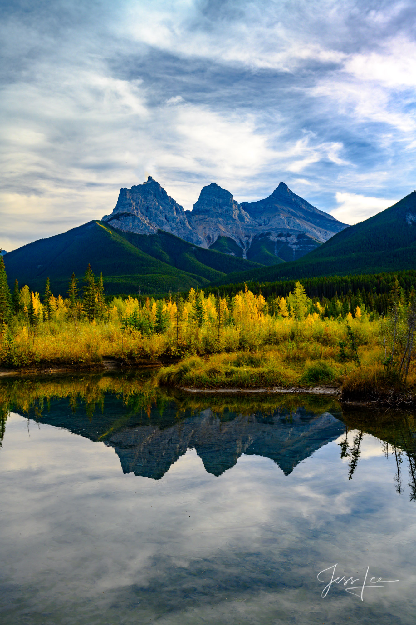Three Sister Autumn Vertical Beautiful picture ofThree Sister Autumn Vertical in the Canadian Rockies for sale as a fine art photography print.
