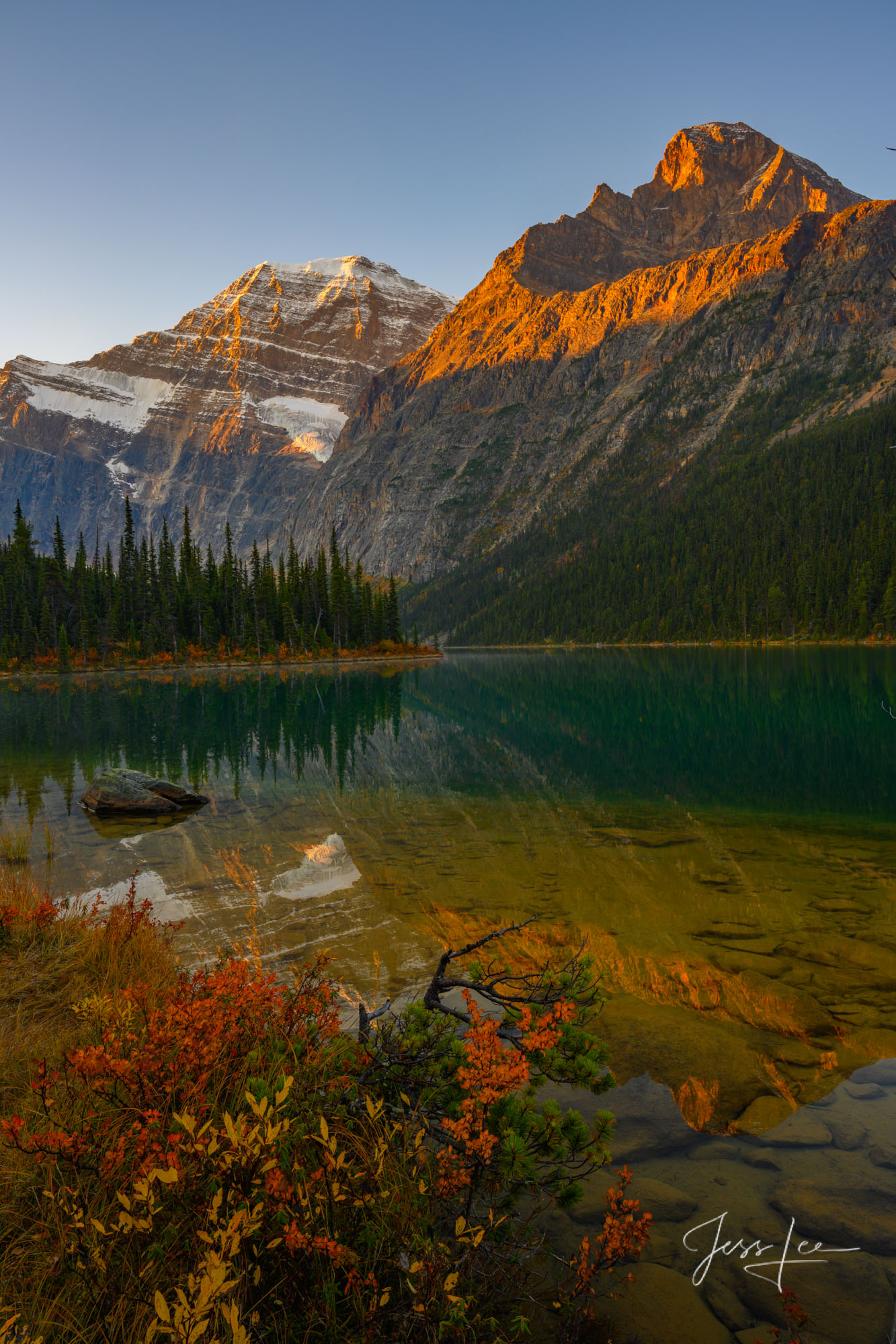 Cavell Lake - Mt Edith Autumn Sunrise Beautiful picture of Cavell Lake - Mt Edith Autumn Sunrise in the Canadian Rockies for sale as a fine art photography print.