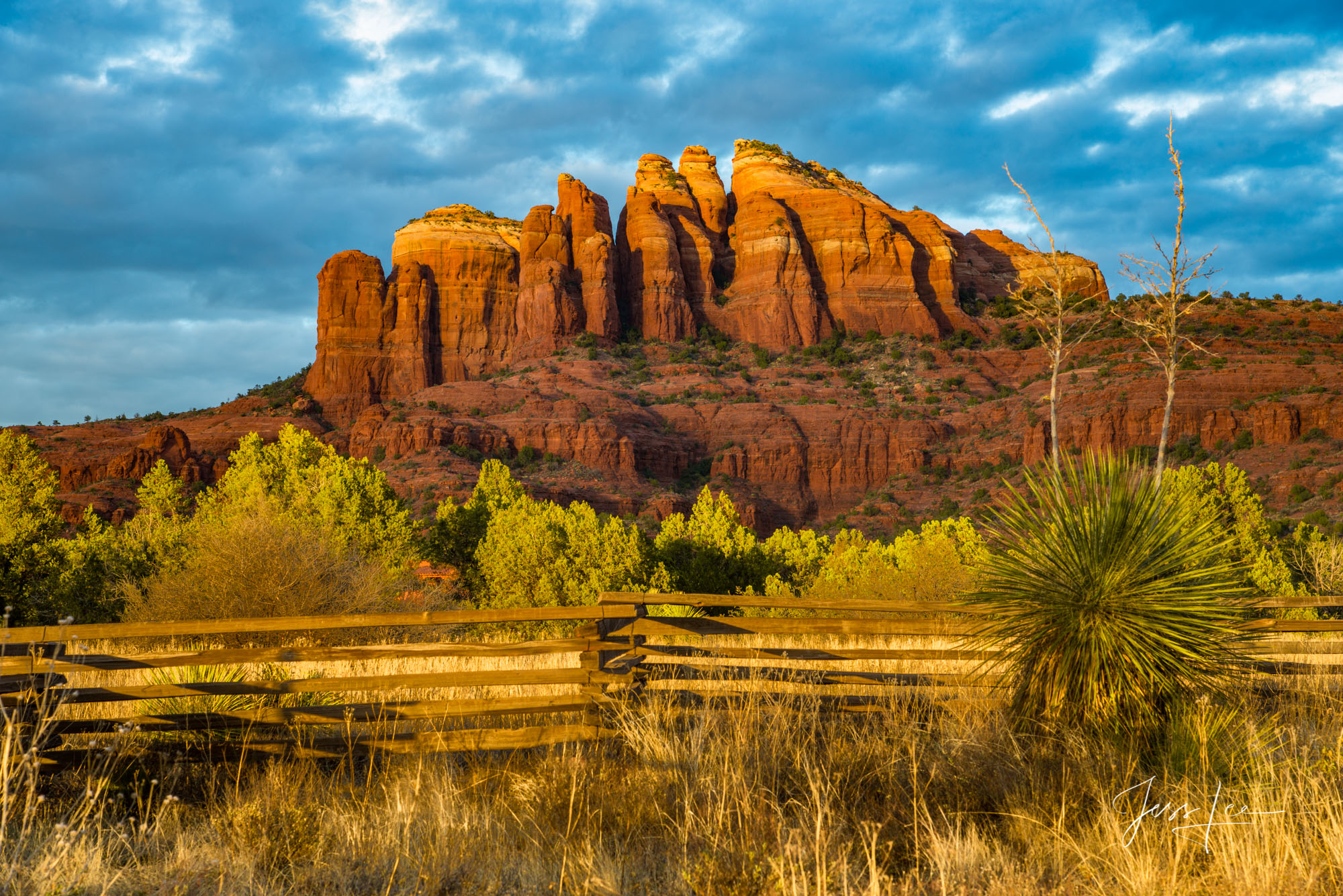 Cathedral Rocks in Arizona, surrounded by native plants and a rail fence. 