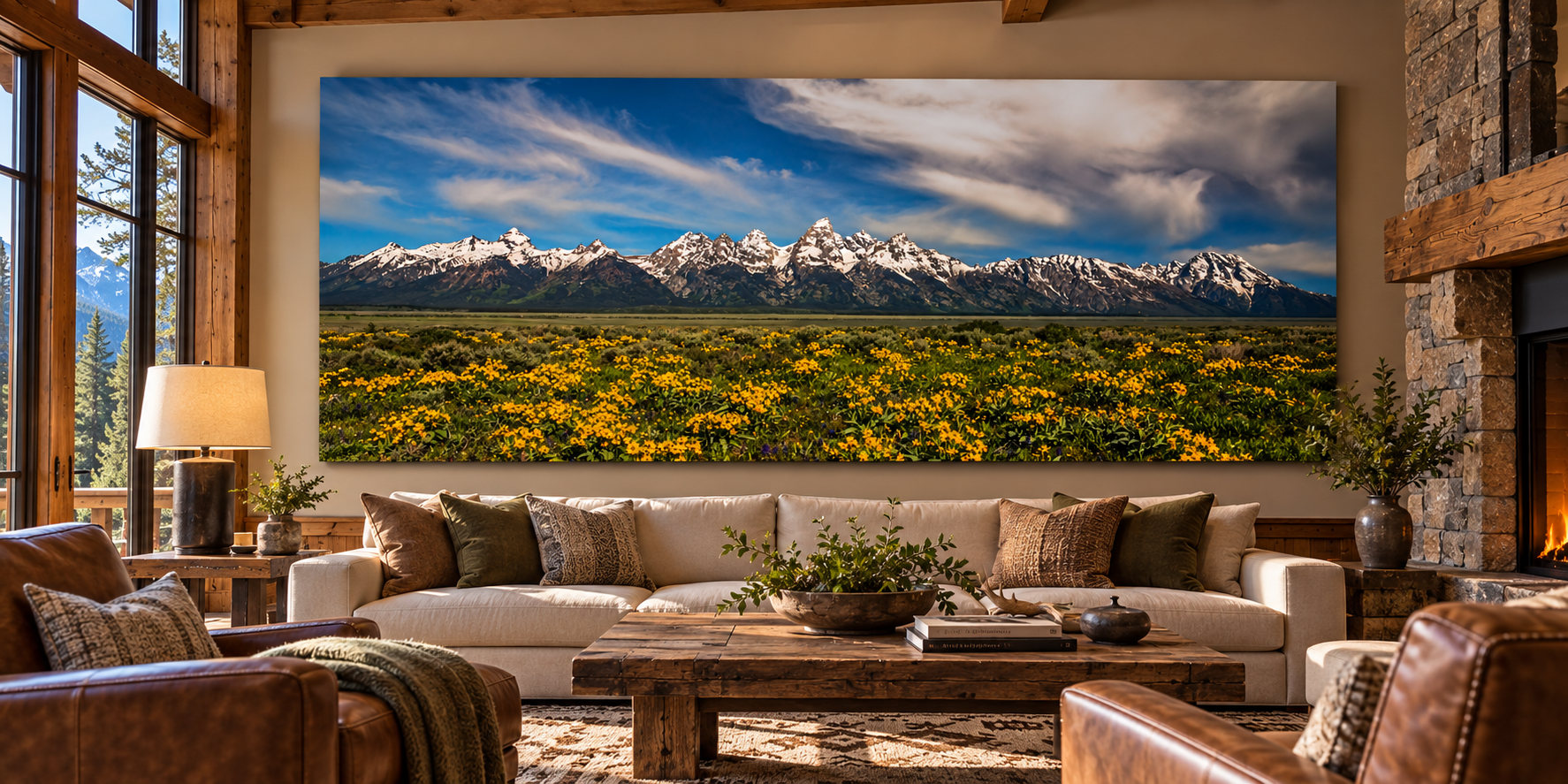 Large format fine art landscape print in a luxury mountain ski chalet living room