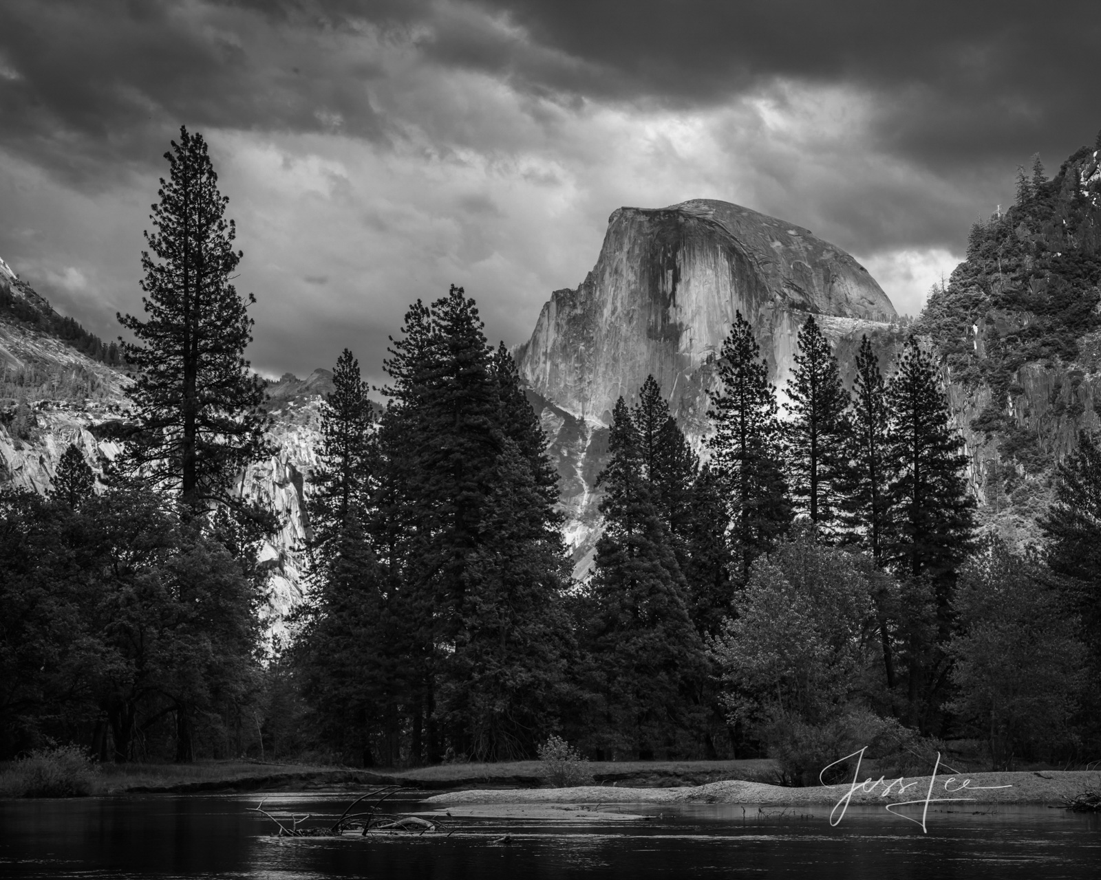 Yosemite Photography Black and White Print of Merced River View of Half Dome. Limited to 200 fine art high resolution  prints...