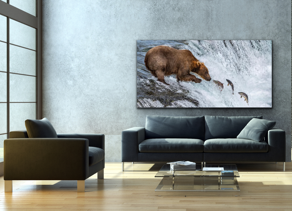 Interior Design Example of Fine Art Wall art in a room. Fishing Bear Photo Print.