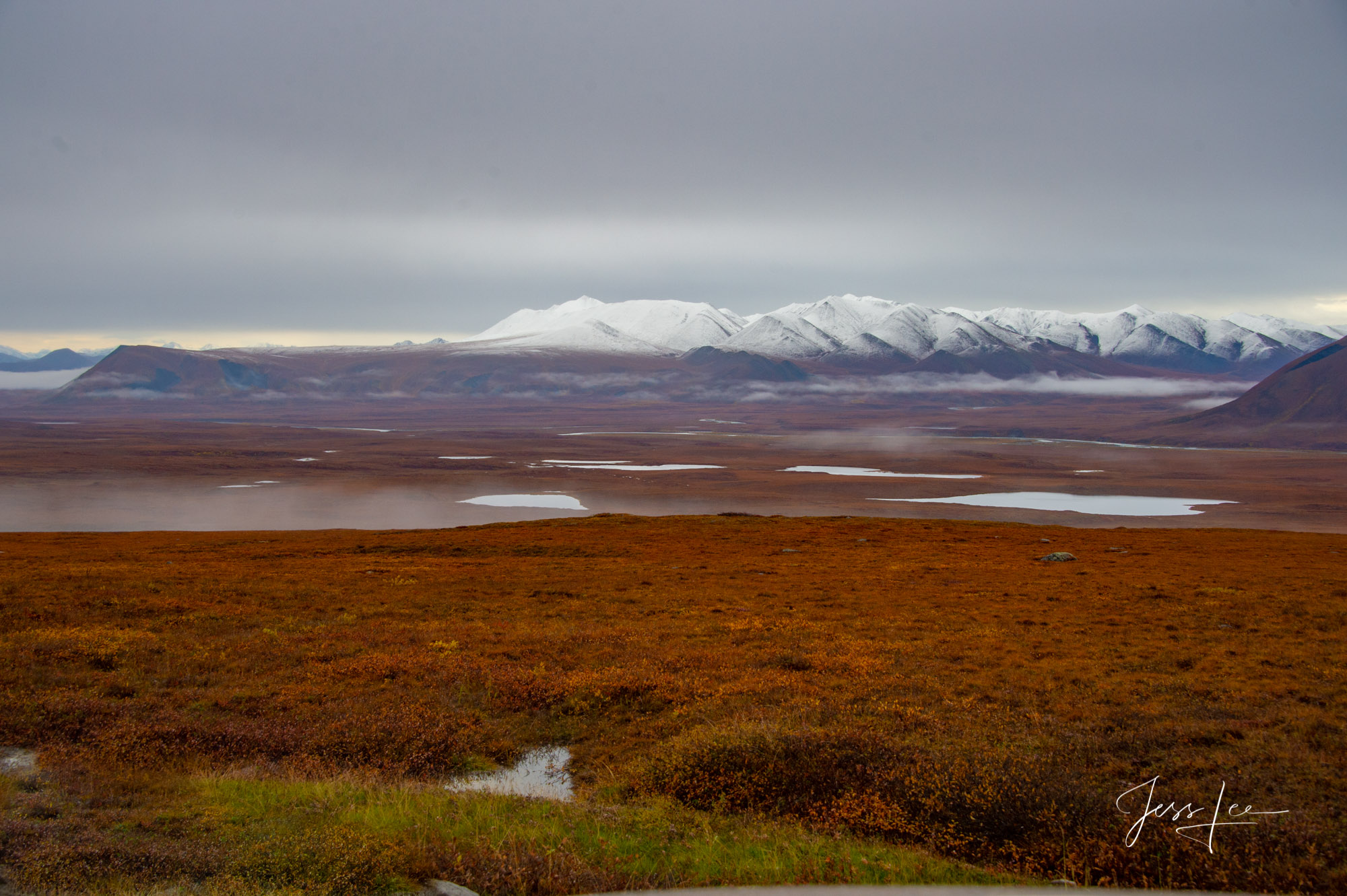 North of the Brooks Range Tundra north of the Brooks Range in Alaska during autumn. Snow covers the mountain peaks.