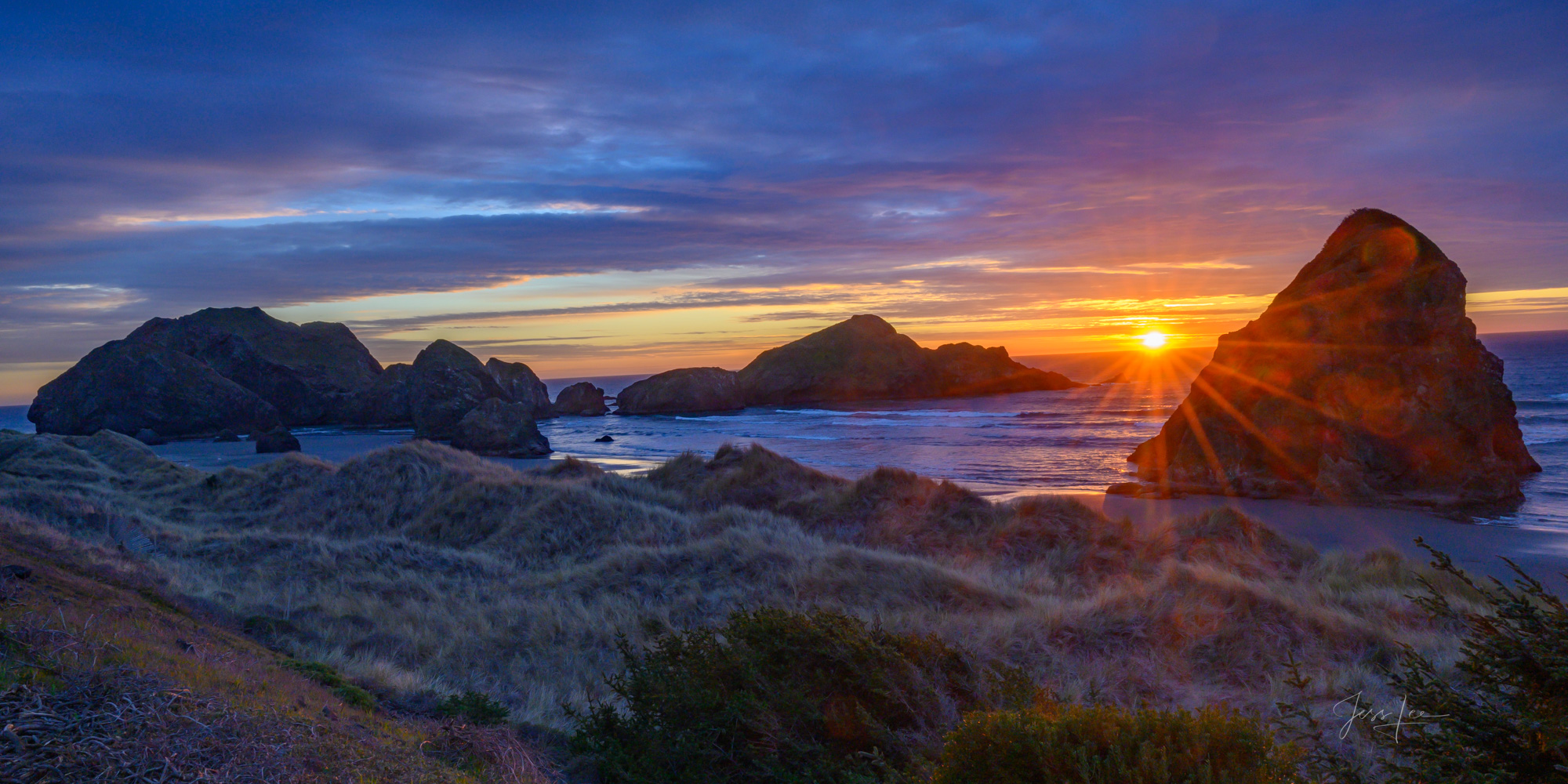 Sunset Panoramic Sunset at Pistol River on the Oregon Coast.